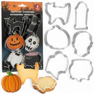 Dailygoods- Uitsteekvormen Halloween set 6-delig - Roestvrij Stalen Koekjessnijders - Pompoen/Kat/Doodskop/Grafsteen/Geest - Bakken/Decoreren - Perfect voor Griezelfeest - Koekjesvormpjes