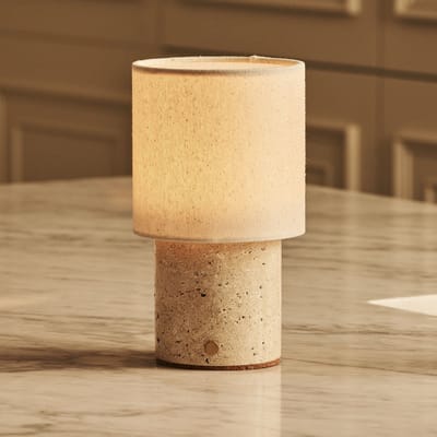 Tavellio Dou Oplaadbare Tafellamp – Travertijn en Linnenkap – Tot 100 uur – Beige