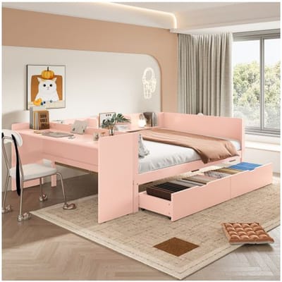 Houten tweepersoonsbed - MUVOE - 140x200 cm - met bureau - 2 lades - kleur roze roze