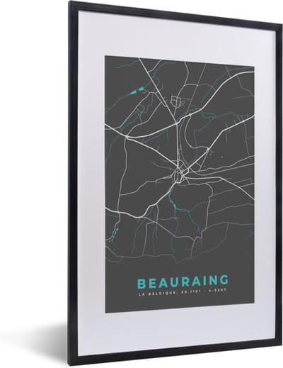 Fotolijst incl. Poster - Kaart – Plattegrond – Stadskaart – Beauraing – België – Grijs - 40x60 cm - Posterlijst