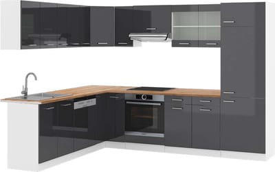 Vicco Hoekkeuken R-Line, Antraciet Hoogglans/Wit, 287 x 227 cm, WB Eik