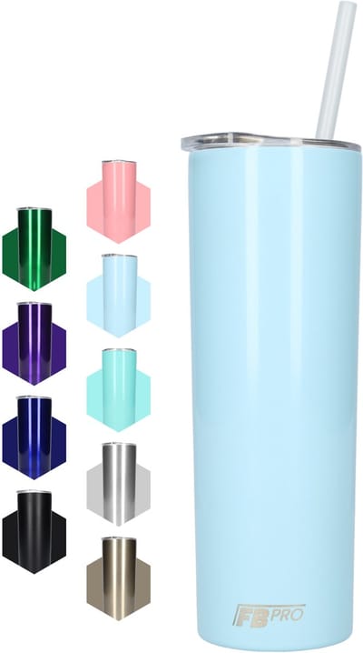 Slanke drinkbeker met rietje - Waterbeker - Thermosbeker - Isoleerkan - Robuust design - Lang formaat - Ideaal voor warm en koud weer - Dubbelwandig - 550 ML - RVS - Baby Blauw