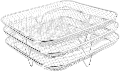 Dailygoods- Luchtfriteusemand 3 Stuks - Roestvrij Stalen Grillmand - Stapelontwerp - Gaasmandenset - Vaatwasmachinebestendig - Verhoogt kookruimte - Airfryer Rek