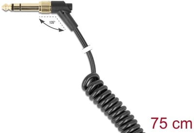 Delock Coiled Cable 3.5 mm 3 pin Stereo jack male to Stereo jack male angled with screw adapter to 6.35 mm 75 cm