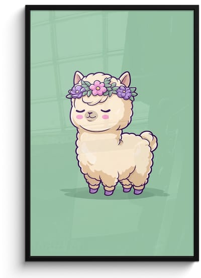 Poster in lijst - Fotolijst 80x120 cm - Posters - Alpaca - Groen - Bloemendiadeem - Posterlijst zwart - Decoratie - Wanddecoratie woonkamer - Muurdecoratie slaapkamer