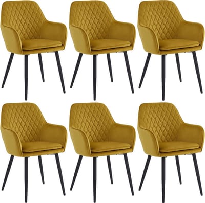 Colenis® - Laura Eetkamerstoel - Set Van 6 - Okergeel - Velvet - Design - Industrieel - Met armleuning