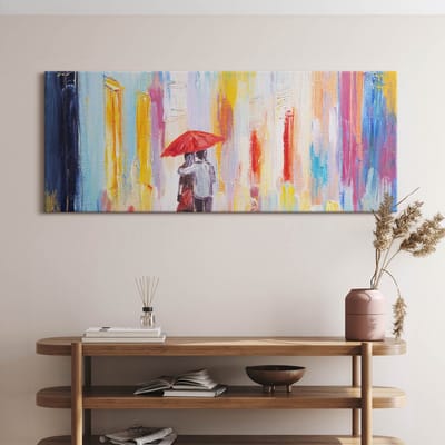 Wallfluent Foto Op Canvas Abstract concept van de wereld - koppel in de regen - 125 x 50 cm - Veelkleurig Canvas Schilderij - Liefde Foto Canvas - Imitatie van een olieverfschilderij Schilderij Op Doek - Liefde Schilderij Op Canvas