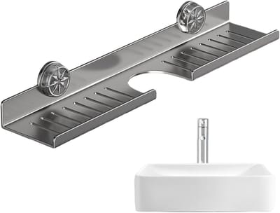 Keukenkraan Organizer van Karbonstaal – Over-de-Kraan Rek met Zuignap – Opslag voor Sponsjes, Borstels & Keukengerei – 50 x 11 x 9 cm