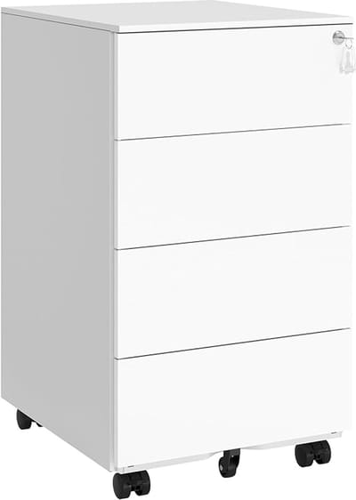 MAZAZU - Mobiele Kantoorkast met Slot en 4 Lades - Ladekast - Ladeblok - Wit - 4 Lades - Voor onder bureau - 45.1x39x69.3