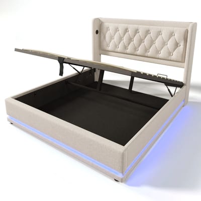Gestoffeerd tweepersoonsbed van 180 x 200 cm, beige katoenen stof, hydraulisch opbergbed, gestoffeerd hoofdeinde met USB Type-C oplaadfunctie, driezijdige ledverlichting (matras niet inbegrepen).