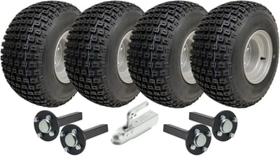 18x9,50-8 dubbelassige ATV-banden met grof profiel voor quad-aanhangwagen: wielen, assen, stalen trekhaak, 408 kg