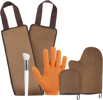 Applicatorset voor zelfbruinende handschoenen - 5-in-1 softtanner mitt-set met scrubhandschoen, ruglotion applicator en make-upborstel voor een gelijkmatige teint met lotions, mousses en crèmes