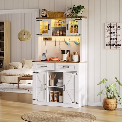 OKWISH Dressoirs - Buffetschrank Met LED En Stopcontacten - 2 Schubladen, Verstelbare Planken - 100x40x172 cm - MDF - Wit