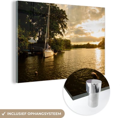 ® Glasschilderij 180x120 cm - Schilderij acrylglas - Zonsondergang op het meer met een boot op Ometepe - Foto op glas - Muurdecoratie woonkamer - Wanddecoratie slaapkamer - Schilderijen