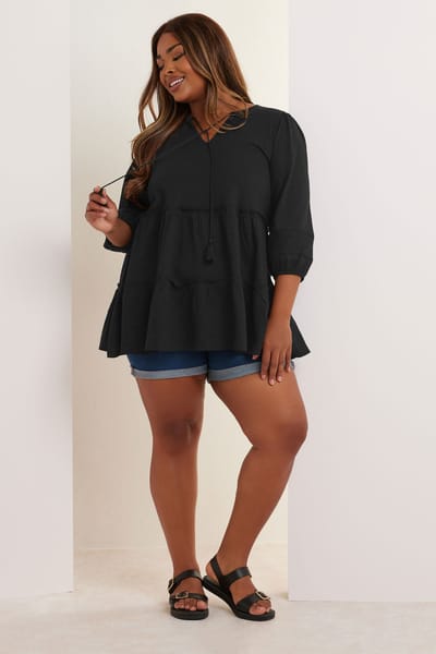 Yours Katoenen Top Met Ruches En Strikdetail In Zwart Size 42