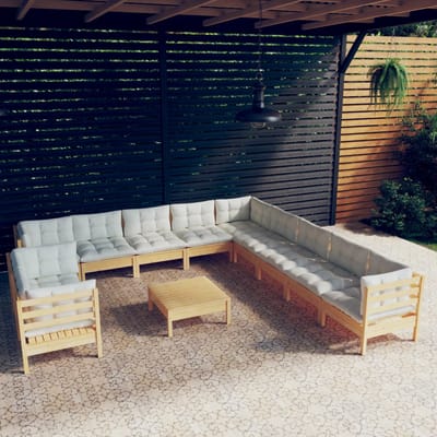 vidaXL - 12-delige - Loungeset - met - crèmekleurige - kussens - grenenhout