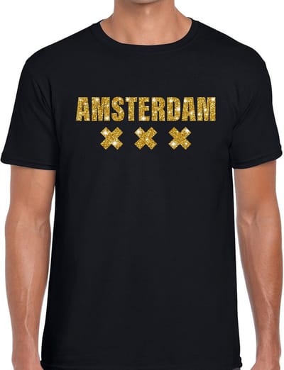 Amsterdam gouden glitter tekst t-shirt zwart heren - heren shirt Amsterdam S