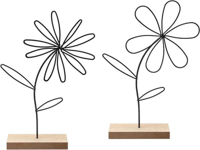 Inovra Plus - Metalen bloemen op houten sokkel, decoratieve lentedecoratie voor binnendecoratie - Vensterbank en paasdecoratie - Woonkamerdecoratie met 2 stuks
