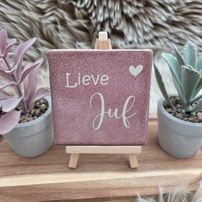 Robuust Wenstegeltje Lieve Juf – Cadeau Juffendag – Afscheid Juf – Bedankje – Trendy – Woondecoratie – Cadeautje - Incl hout standaard
