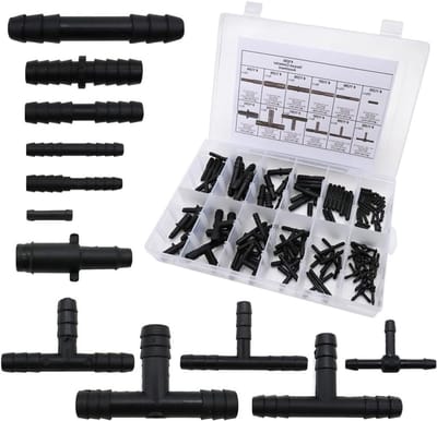 T-shaped slangverbindingen set van 113 stuks in zwart nylon, 12 maten voor eenvoudige tuin slangverbindingen en reparaties