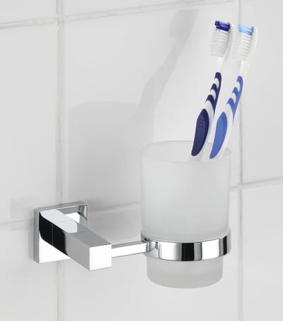 Wenko 17970100 Uno San-Remo Power-Loc No-Boor Bevestiging 13,5 x 9,5 x 9,5 cm Roestvrij Chroom/Glas Tandenborstel Beaker en Houder