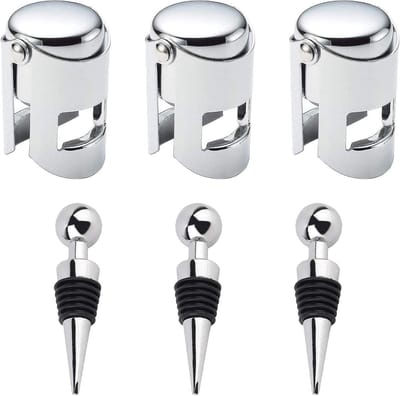 Set van 6 Flessenstoppen en 3 Wijnkurken met RVS Design voor Wijn, Champagne en Bier