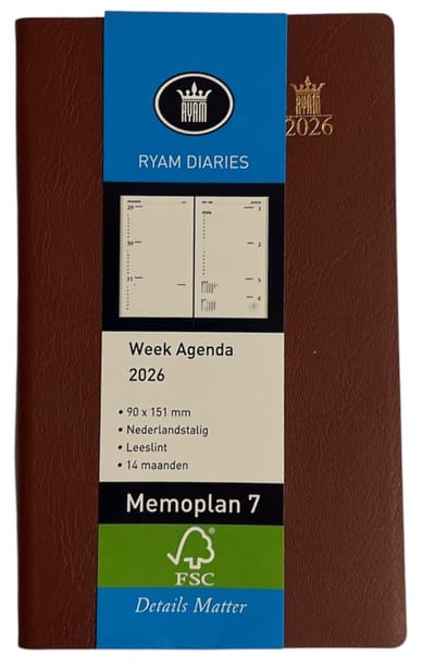 Zakagenda 2026 - Ryam Memoplan 7 ZWART - Zachte Kaft met Spiraal (9cm x 15,1cm)