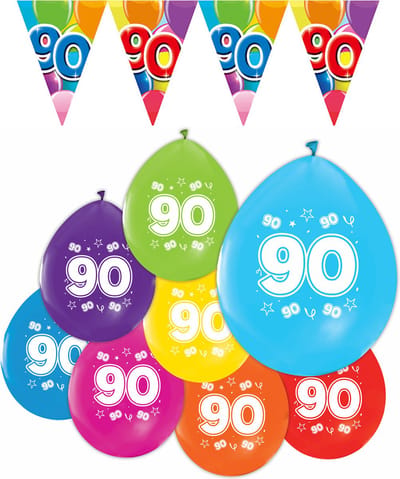 Feestpakket 90 jaar / 8 ballonnen en 1 vlaggenlijn 10 meter - Versiering Slinger Feestdecoratie Decoratie Verjaardag Jubileum Ballon Feest