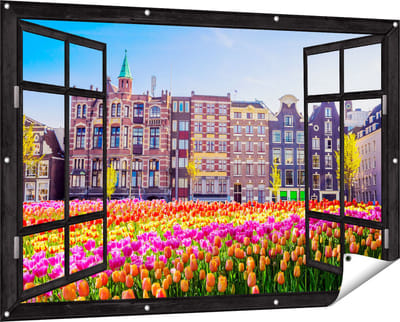 Gards Tuinposter Doorkijk Amsterdamse Huisjes met Tulpen - Kleur - 150x100 cm - Tuindoek - Tuindecoratie - Wanddecoratie buiten - Tuinschilderij