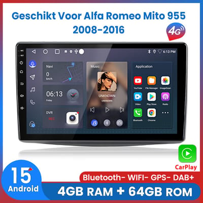 Awesafe 8-Core 4+64GB Autoradio - Geschikt Voor Alfa Romeo Mito 955 2008 t/m 2016 - Draadloze Carplay Android Auto - Touchscreen - GPS Navigatie 4G WiFi - Bluetooth Radio - Ondersteuning invoegen 4G SIM - 2008 2009 2010 2011 2012 2013 2014 2015 2016