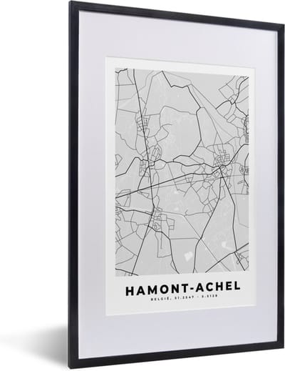 Fotolijst incl. Poster Zwart Wit- België – Hamont Achel – Stadskaart – Kaart – Zwart Wit – Plattegrond - 40x60 cm - Posterlijst