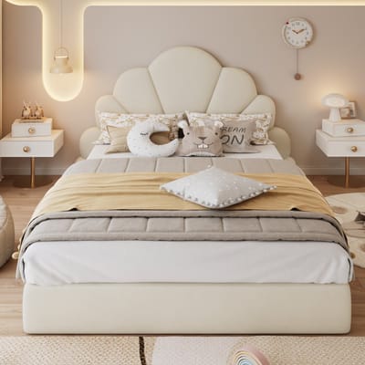SINGULARITY-Gestoffeerd bed 140x200cm- tweepersoonsbedhoofdeinde met gebogen bloemblaadjes- bedframe- fluweel- beige- zonder matras