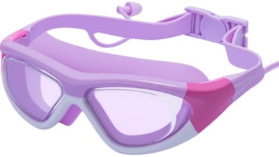 Kinderzwembril - geïntegreerde bril en oordopjes - unisex - geschikt voor kinderen van 3-12 jaar - voor zwembad en watersporten in de buitenlucht - paars - 16,5 x 4,5 cm