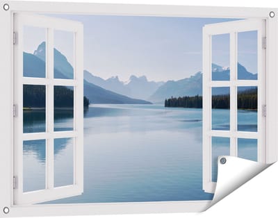 Gards Tuinposter Doorkijk Meer bij de Bergen in Alberta, Canada - 90x60 cm - Tuindoek - Tuindecoratie - Wanddecoratie buiten - Tuinschilderij