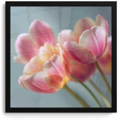 Poster in lijst - Fotolijst 40x40 cm - Posters - Tulpen - Roze - Stelen - Posterlijst zwart - Decoratie - Wanddecoratie woonkamer - Muurdecoratie slaapkamer