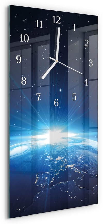 Tulup Wandklok - Aarde Weltall Wandklok Glas Met Motief - 30x60 cm - Blauw Decoratieve Glazen Klok - Witte Handen - Rechthoekige Wandklok - Decoratieve Glazen Klok - Glazen Wandklok Design