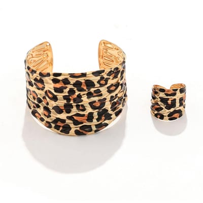 2 stuks/set Gepersonaliseerde Luipaard Onregelmatige Armband Ring Set beige