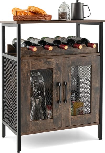 Barkast - Wijnrek - Keukentrolley - Wijnkast - Serveerwagen - 60 x 34 x 79 cm - Wijnfleshouder - Wijnglazenhouder - Donkerbruin