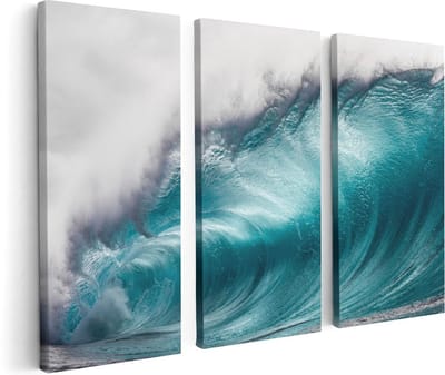 Artaza Canvas Schilderij Drieluik Grote Golfen op de Helder Blauwe Zee - 120x80 cm - Wanddecoratie Woonkamer - Schilderijen - Muurdecoratie
