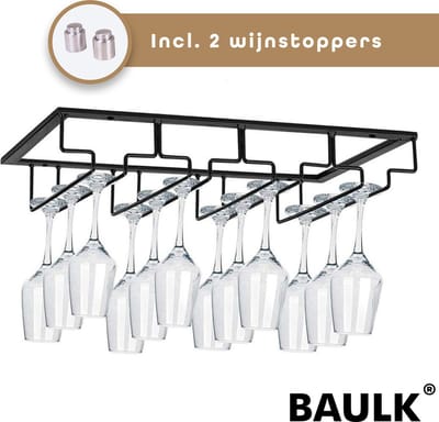 BAULK® - Wijnglazenhouder - Wijnglazenrek - Wijnglazen rek - Glazenrek - Hangend - Tot 12 glazen - 2 gratis wijnstoppers - 4 rijen - zwart