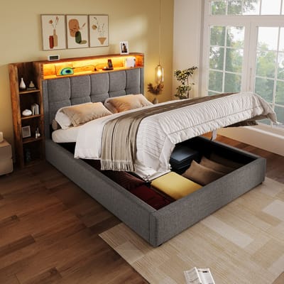 MODENUIT Gestoffeerd Bed 90x200 cm – Usb- en Usb-C-Aansluiting – Ledverlichting en Opbergruimte – Zonder matras – Grijs