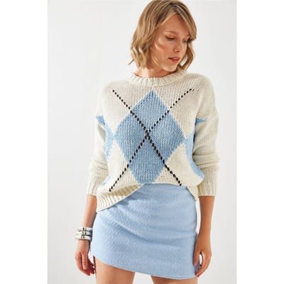 Geometrisch Patroon Brei Trui met Ronde Hals