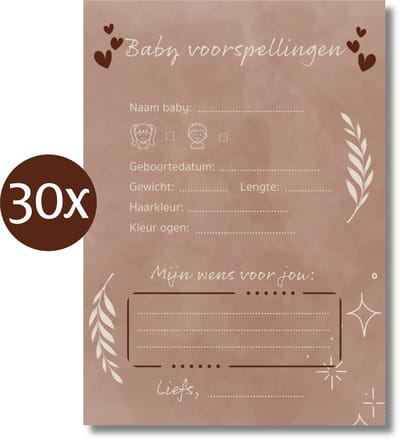 Amolivia Babyshower Invulkaarten - 30 stuks - Beige - Voorspellingskaarten - Babyshower Spelletjes
