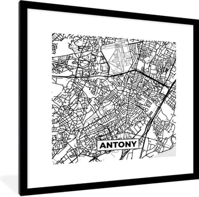Fotolijst incl. Poster Zwart Wit- Plattegrond - Antony - Kaart - Frankrijk - Stadskaart - Zwart wit - 40x40 cm - Posterlijst