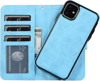 geschikt voor iPhone 11 Pro Max 2-in-1 Hoesje met Magnetische Backcover - Telefoonhoesje met vakjes voor pasjes - Inclusief polsbandje - Mobiq Magnetische 2-in-1 Wallet Case geschikt voor iPhone 11 Pro Max lichtblauw