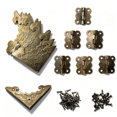 SnelShoppen - 12 stuks antieke houten meubelhoeken en 6 vintage scharnieren met 180 graden draaipunt, inclusief bronzen spijkers en schroeven voor dec