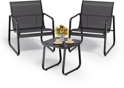 Xbro 3-delige stoel loungeset – ademende Textilene stof met gehard glazen tafel – bistroset voor tuin, balkon en terras – ca. 61×73×76 cm – zwart