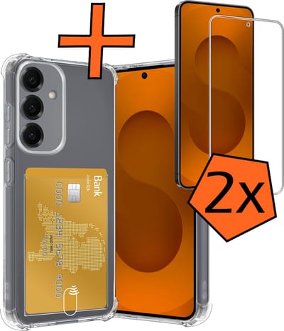 Hoes - Geschikt voor Samsung Galaxy S25 FE - Met 2x Screenprotector - Pashouder - Kaarthouder - Telefoon Hoesje Shockproof - Siliconen Case - Back Cover - Shock Proof - Pasjes Houder - Transparant