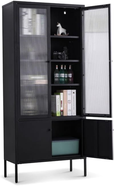 Coemo vitrinekast - Vitrinekast Tokio Modern voor, hal en woonkamer Opbergmeubels - Ladekast Metalen keukenkast vitrinekast in zwart Planchet met deuren en legplanken boekenkast - Hoge kast voor keuken