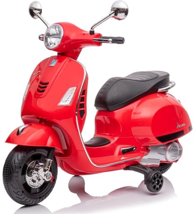 Vespa Elektrische Kinderscooter, kindermotorfiets met plastic wielen en stoel, MP3-speler, USD MicroSD AUX-aansluiting (Rood - zonder kistje)